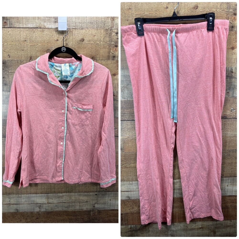 Caribbean Joe Women’s Pink Button Down Top Drawstring Pajama Pants Large 12/14